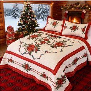 King Size Quilt Christmas Theme Bedding Set with Pillow Shams Reversible NIP